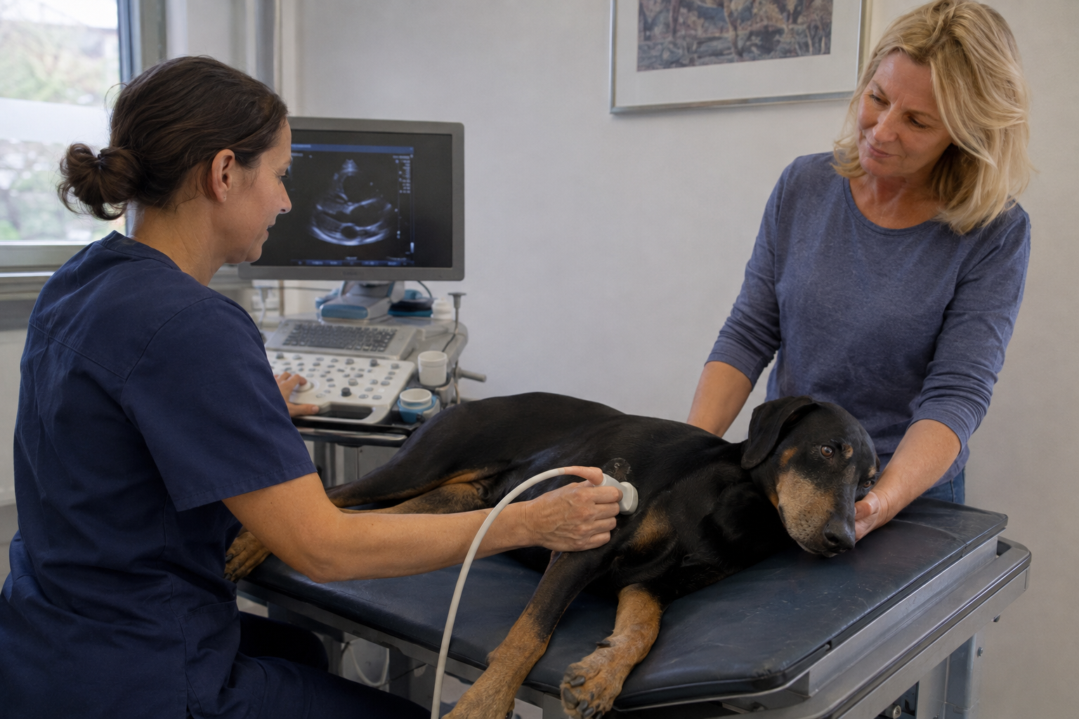 Veterinářka vyšetřuje srdce staršího dobrmana pomocí echokardiografie